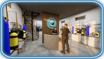 Intérieur de boutique de plongée avec comptoir central, clients et logo mural «Legend Diving», équipement jaune et bouteilles exposés.