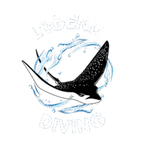 Logo-original-sans-arrière-plan-blanc-Lettres Raie manta stylisée noire et blanche entourée d'ondulations d'eau bleue avec le texte "LEGEND DIVING" en arc.