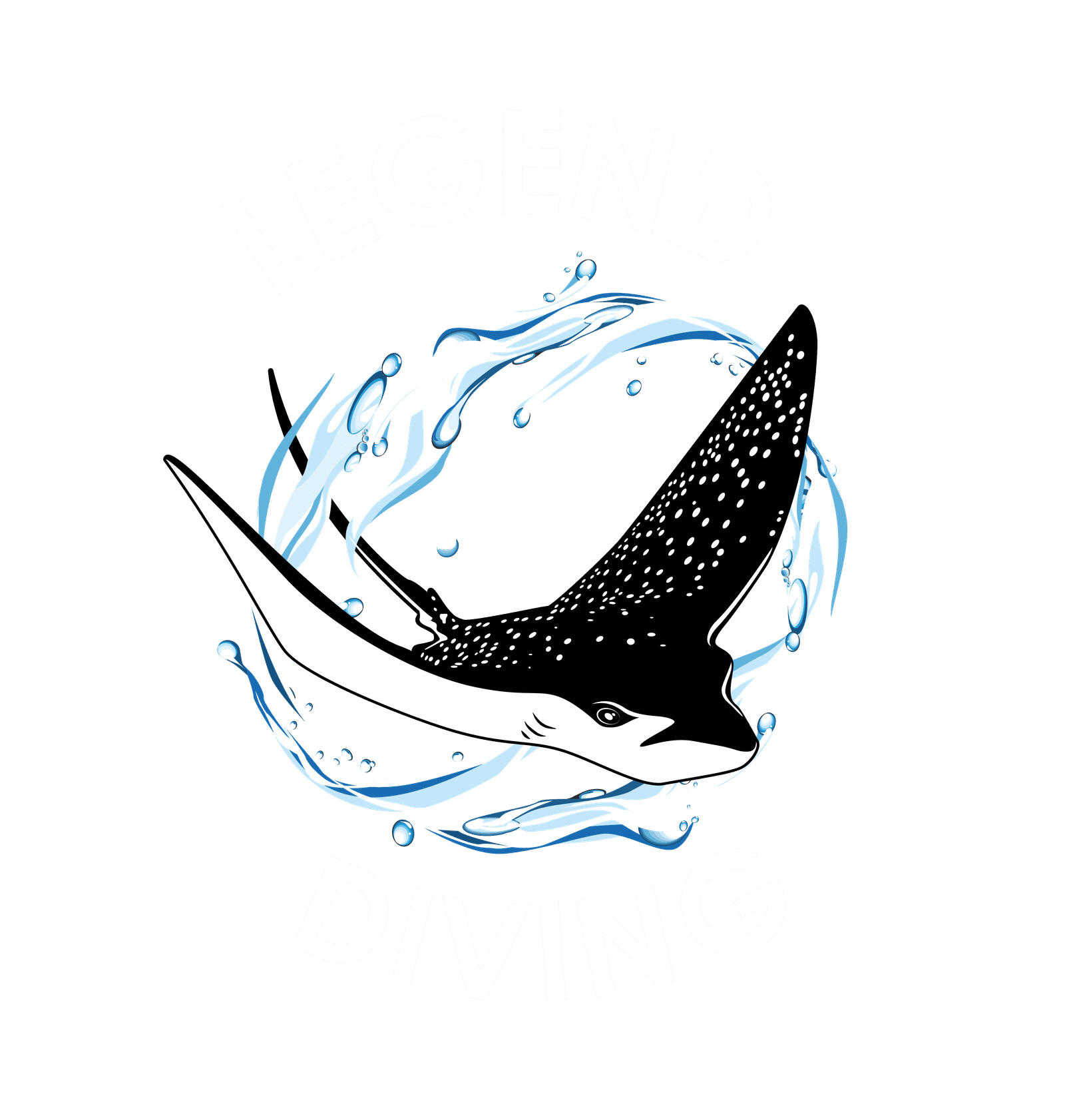 Logo-original-sans-arrière-plan-blanc-Lettres Raie manta stylisée noire et blanche entourée d'ondulations d'eau bleue avec le texte "LEGEND DIVING" en arc.