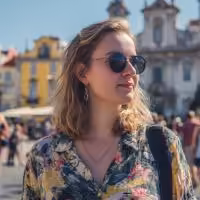 Young woman wearing round sunglasses and floral blouse standing outdoors in a sunny plaza with historic buildings blurred in the background.